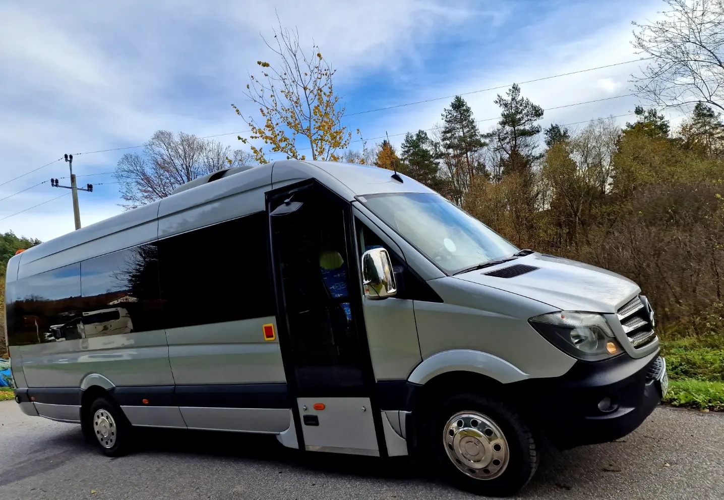 Srebrny bus Mercedes-Benz Sprinter z otwartymi drzwiami na tle jesiennego krajobrazu.