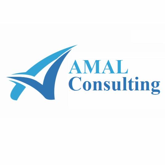 Logo firmy AMAL Consulting, stylizowana litera A w odcieniach niebieskiego, nazwa firmy w kolorze niebieskim po prawej stronie.