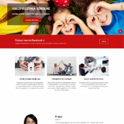 Strona internetowa firmy ubezpieczeniowej Ubezpieczenia Zabrze, z nagłówkiem o ubezpieczeniach szkolnych i zdjęciem uśmiechniętych dzieci leżących na trawie.