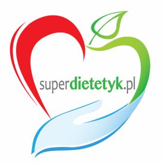 Grafika przedstawiająca logo: czerwone serce z zielonym liściem, u dołu stylizowana biała dłoń, w centrum zielony napis superdietetyk.pl