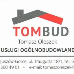 Wizytówka firmy TOMBUD Tomasz Oleszek oferującej usługi ogólnobudowlane, z adresem, numerem telefonu i adresem e-mail.