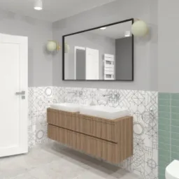 Wizualizacja łazienki z podwójną umywalką na drewnianej szafce, lustrem w czarnej ramie i kulistymi lampami ściennymi, biało-szara mozaika na ścianie, fragment toalety i krzesła w tle.