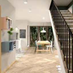 Wizualizacja wnętrza domu w Gdańsku: jadalnia z drewnianym stołem, krzesłami i schodami z podświetleniem LED, widok na las przez duże okno.