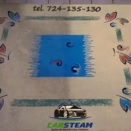 Wzór dywanu z numerem telefonu i logo firmy czyszczącej, leżącego na kafelkach.