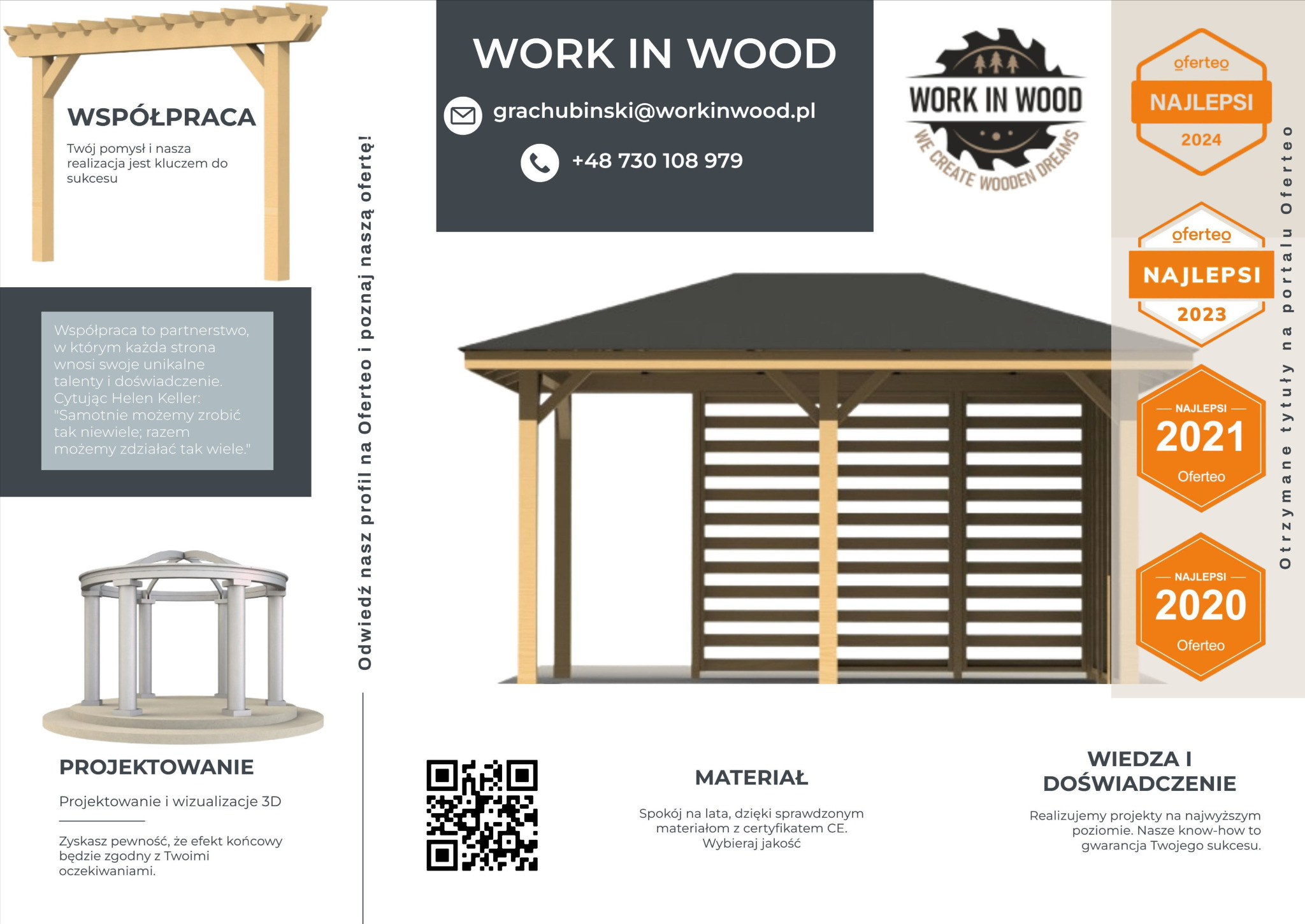 Grafika reklamowa firmy z Radowa Małego prezentująca wizualizację 3D drewnianej pergoli z płaskim dachem i poziomymi listwami, obok logo firmy, dane kontaktowe oraz nagrody Oferteo za lata 2020-2024.
