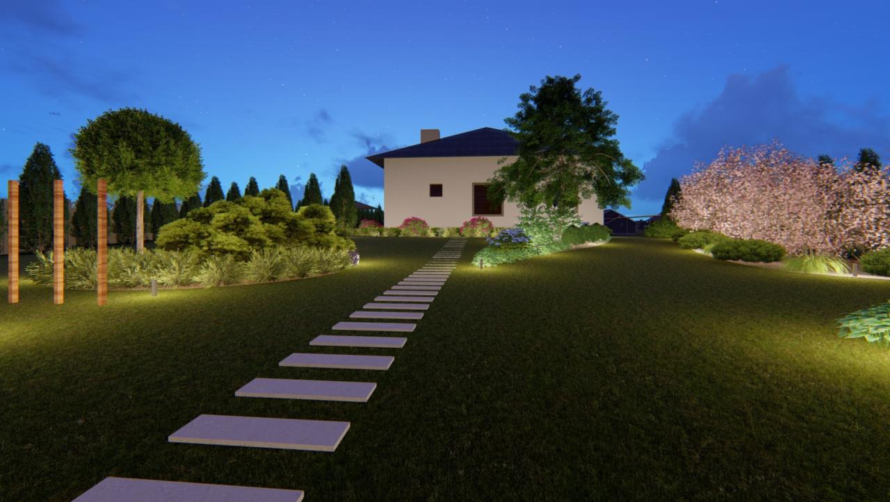 Oświetlony ogród z nowoczesnym domem w tle, podświetlona ścieżka z płyt prowadząca do wejścia, dekoracyjne drzewa i krzewy oświetlone punktowymi lampami, nocne niebo.