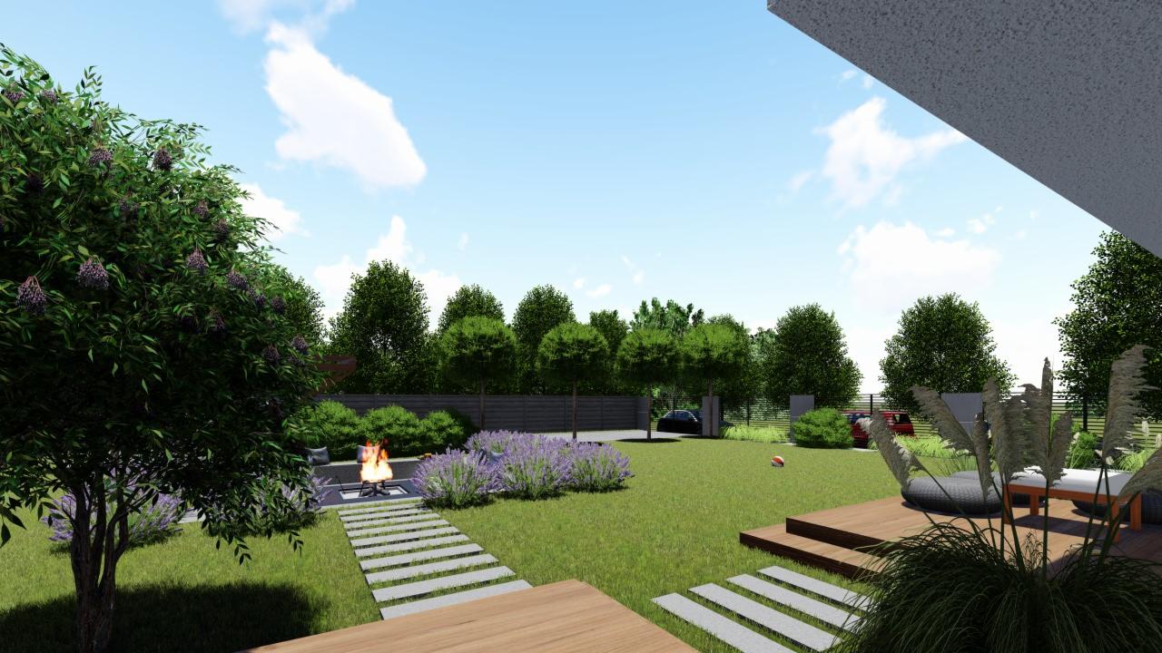 Wizualizacja ogrodu z paleniskiem otoczonym kamienną ścieżką, kwitnącą lawendą i drewnianym tarasem z meblami ogrodowymi, w tle widoczny samochód za ogrodzeniem.