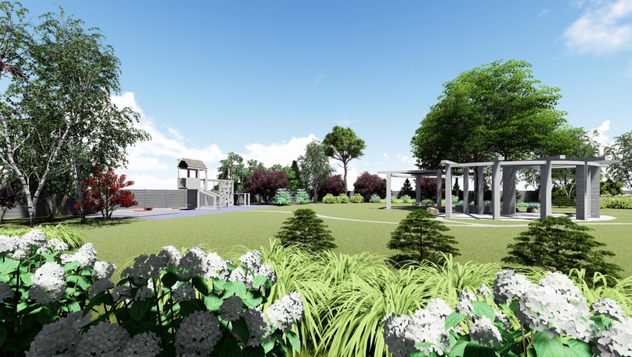 Wizualizacja ogrodu z placem zabaw, altaną z betonowych słupów i kwitnącymi hortensjami w pierwszym planie.