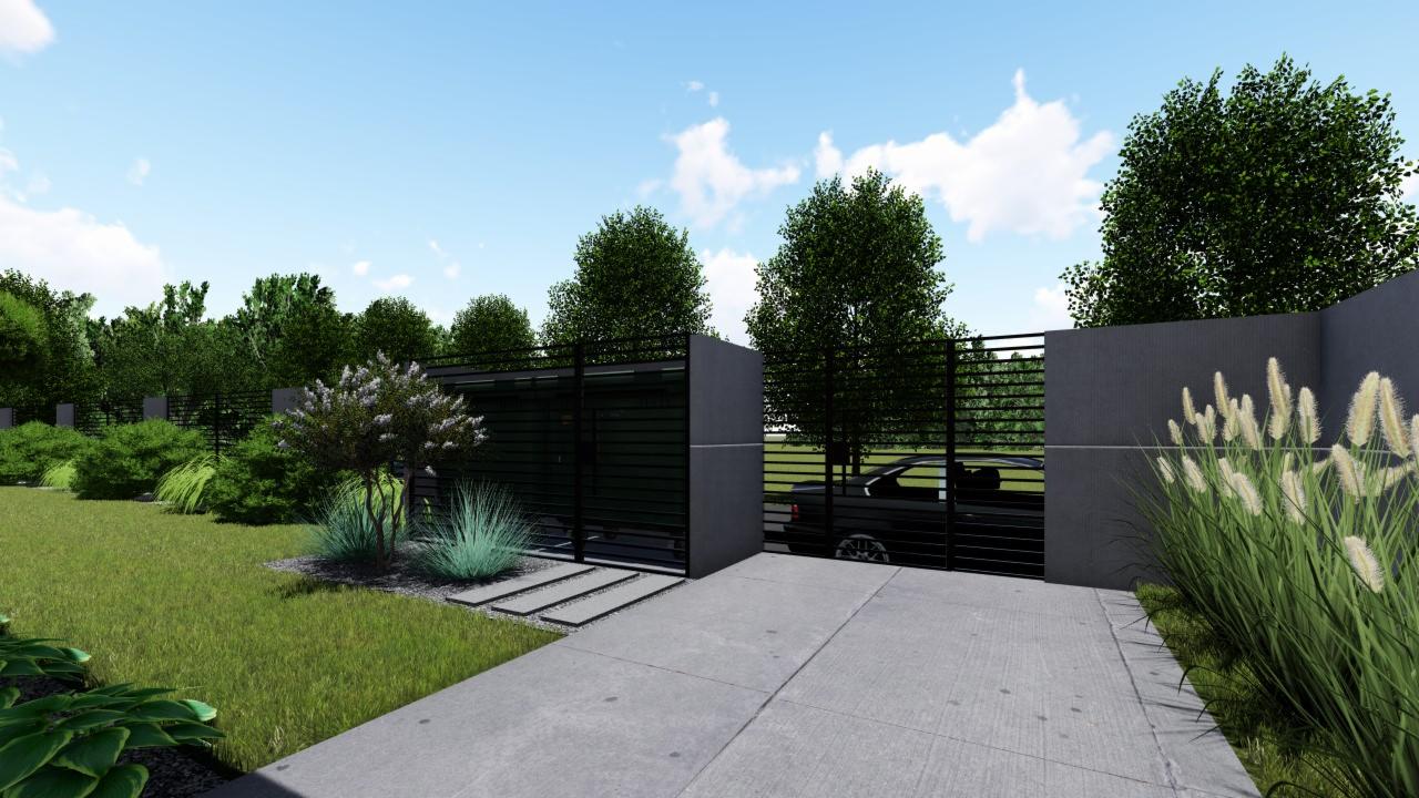 Wizualizacja nowoczesnego ogrodu z minimalistycznym ogrodzeniem z czarnych, poziomych prętów, betonowym podjazdem i starannie dobraną roślinnością ozdobną, w tym kwitnącym drzewem i trawami.