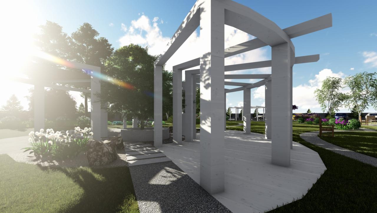 Wizualizacja nowoczesnej altany z białego betonu w ogrodzie, z kwitnącymi białymi kwiatami w pierwszym planie, ścieżką z kamienia i żwiru, oraz zielenią w tle pod błękitnym niebem.