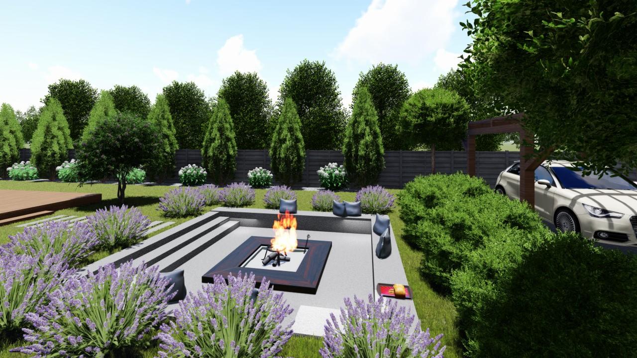 Wizualizacja ogrodu z paleniskiem otoczonym lawendą, z widocznym tarasem, ogrodzeniem, drzewami i samochodem osobowym.