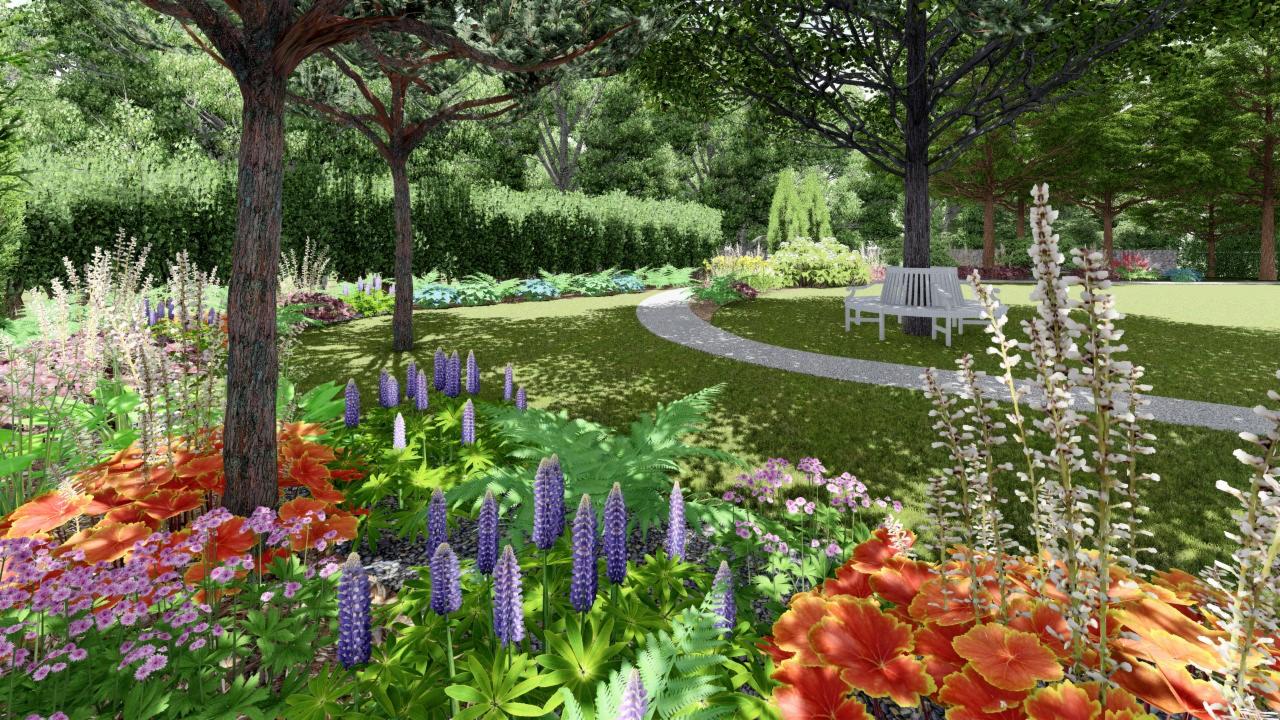 Wizualizacja ogrodu z ścieżką z kamienia, rabatami kwiatowymi z łubinem, żurawką i białymi kwiatami, trawnikiem i białą ławką parkową.