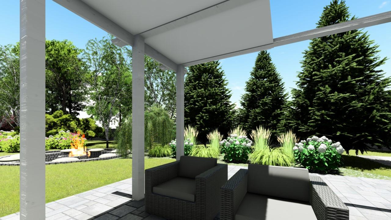 Wizualizacja zadaszonego tarasu z dwoma fotelami z rattanu, w tle trawnik, rabaty z białymi hortensjami i wysokie drzewa iglaste oraz ognisko.