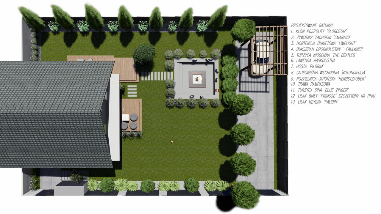 Plan zagospodarowania przestrzennego ogrodu z widokiem z góry, prezentujący rozmieszczenie roślinności, ścieżek i stref relaksu, z uwzględnieniem listy projektowanych gatunków roślin.