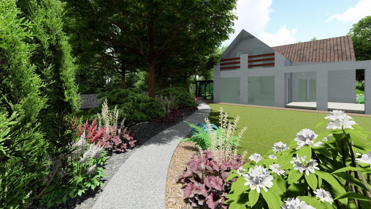 Wizualizacja ogrodu z krętą ścieżką, rabatami kwiatowymi i nowoczesnym domem w tle.