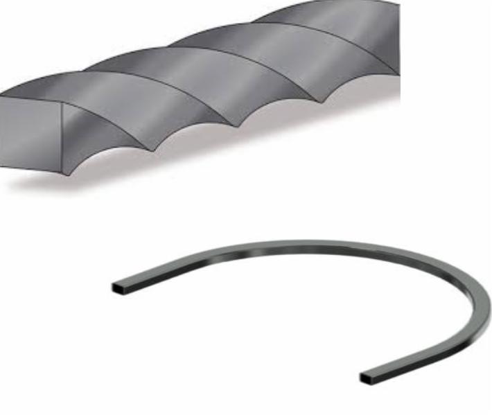 Wizualizacja 3D metalowego elementu spiralnego oraz wygiętego pręta o przekroju kwadratowym, na białym tle.