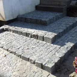 Schody wejściowe wyłożone szarą kostką granitową, widoczne ślady piasku po pracach brukarskich, obok rosną czerwone hortensje.