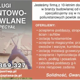 Grafika reklamowa firmy budowlanej Jana Specyała, oferującej usługi remontowo-budowlane, w tym ocieplenia i izolacje, z numerem telefonu i adresem strony internetowej.