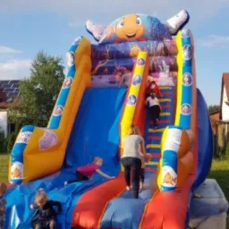 Dmuchana zjeżdżalnia w kształcie ryby z motywami morskimi, dzieci w różnym wieku bawią się na niej w słoneczny dzień na trawniku przed domem z panelami słonecznymi na dachu.