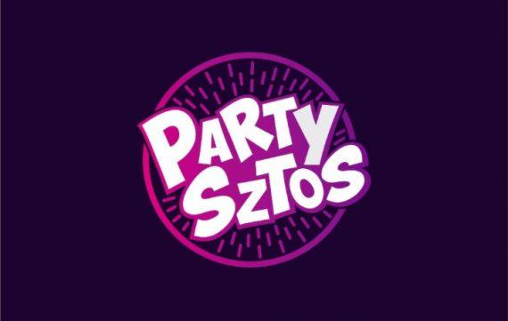 Logo firmy 'Party Sztos' w okręgu z promieniami, białe litery na fioletowo-różowym tle.