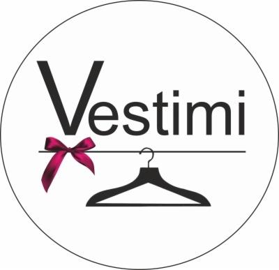 Logo firmy odzieżowej Vestimi z czarnym napisem, winietowym łososiowym węzłem i czarnym wieszakiem na ubrania na białym tle w okręgu.