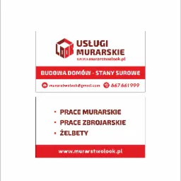 Wizytówka firmy budowlanej oferującej usługi murarskie, zbrojarskie oraz budowę domów w stanie surowym, zawierająca logo, adres strony internetowej, adres e-mail oraz numer telefonu.