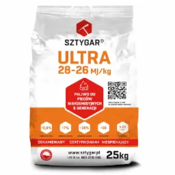 Worek 25kg z paliwem do pieców niskoemisyjnych piątej generacji, marki Sztygar Ultra, z informacjami o zawartości siarki, popiołu i wilgoci oraz kodem QR.