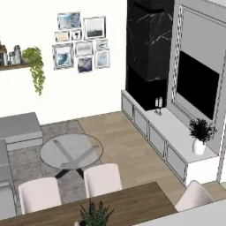 Wizualizacja 3D wnętrza domu z otwartą przestrzenią: salon z szarą sofą narożną, okrągłym stolikiem kawowym, ścianą telewizyjną z czarnym marmurem, półkami z książkami, galerią obrazków...