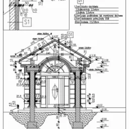 Przekrój architektoniczny budynku z detalami konstrukcyjnymi dachu, ścian i fundamentów, zawierający wymiary i oznaczenia materiałowe.