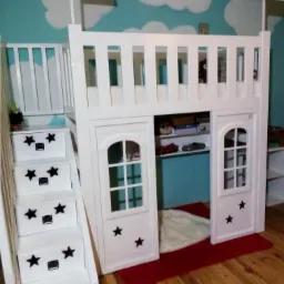 Białe łóżko piętrowe dla dziecka z elementami domku, schodkami z szufladami ozdobionymi czarnymi gwiazdkami i flagą z napisem 'STOLARNIA', na tle ściany z motywem chmur.