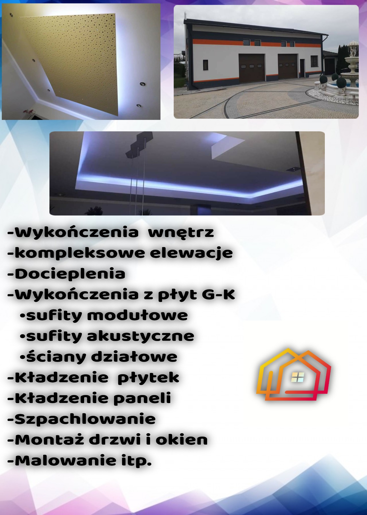 Kolaż przedstawiający: perforowany sufit podwieszany z oświetleniem punktowym i listwą LED, budynek z elewacją w kolorach bieli, szarości i pomarańczy oraz sufit podwieszany z oświetleniem LED.