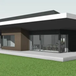 Wizualizacja domu jednorodzinnego z dachem dwuspadowym, dużym przeszkleniem i okrągłymi oknami, otoczonego trawnikiem.