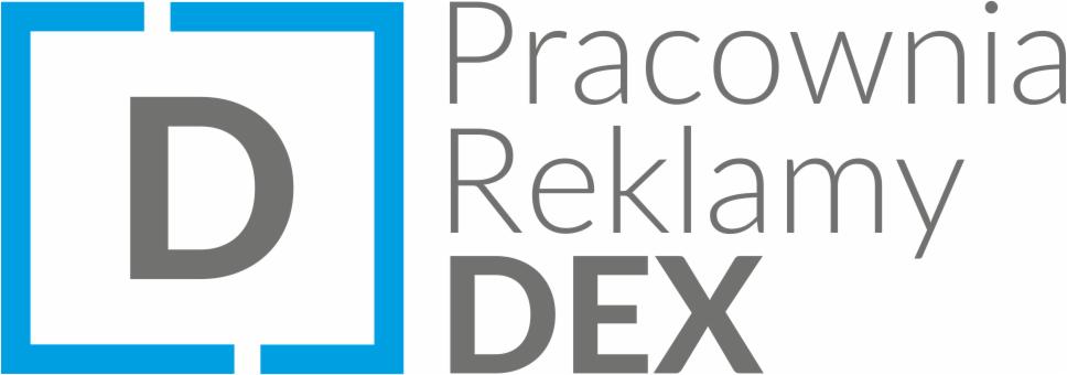 Logo firmy Pracownia Reklamy DEX, szary napis i litera D w niebieskim kwadracie, minimalistyczny design.