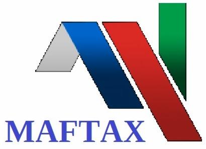 Logo firmy MAFTAX z abstrakcyjnym symbolem złożonym z szarego, niebieskiego, czerwonego i zielonego elementu.