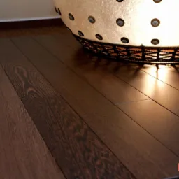 Ciemne, lakierowane deski podłogowe z wyraźnym usłojeniem, oświetlone od góry ciepłym światłem lampy podłogowej z abażurem w stylu etno.