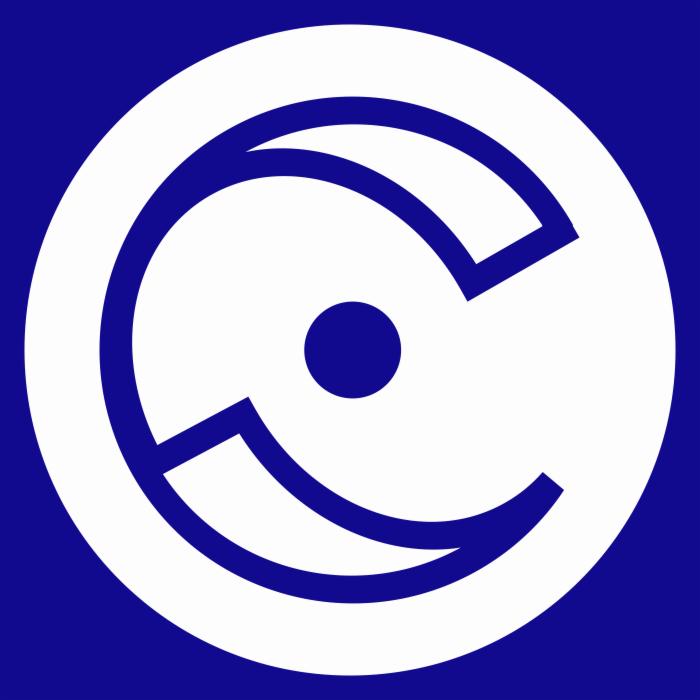 Abstrakcyjne logo w kolorze granatowym i białym, przedstawiające okrąg z stylizowaną literą 'C' i centralną kropką.