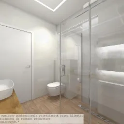 Wizualizacja łazienki z kabiną prysznicową ze szkła, umywalką nablatową na drewnianym blacie, podwieszaną toaletą i jasnymi płytkami na ścianach i podłodze.