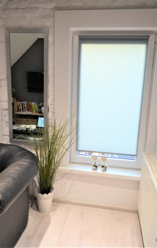 Wnętrze pokoju z oknem zasłoniętym roletą, lustrem odbijającym fragment pokoju z telewizorem i regałem, oraz rośliną w białej doniczce stojącą na podłodze z jasnych paneli.