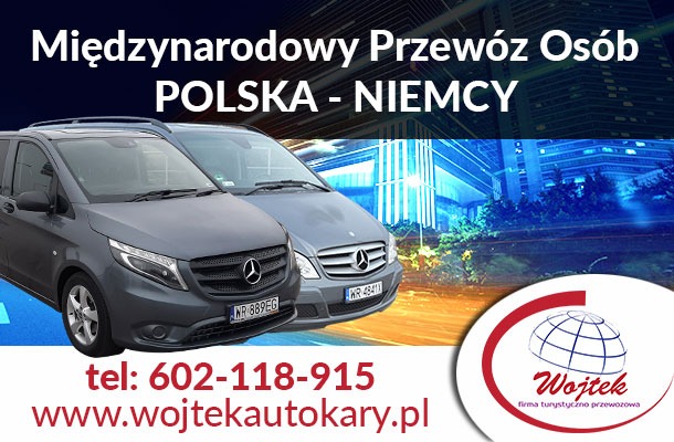 Dwa busy Mercedes V-klasa z polskimi tablicami rejestracyjnymi, reklama międzynarodowego przewozu osób Polska-Niemcy, logo firmy Wojtek.