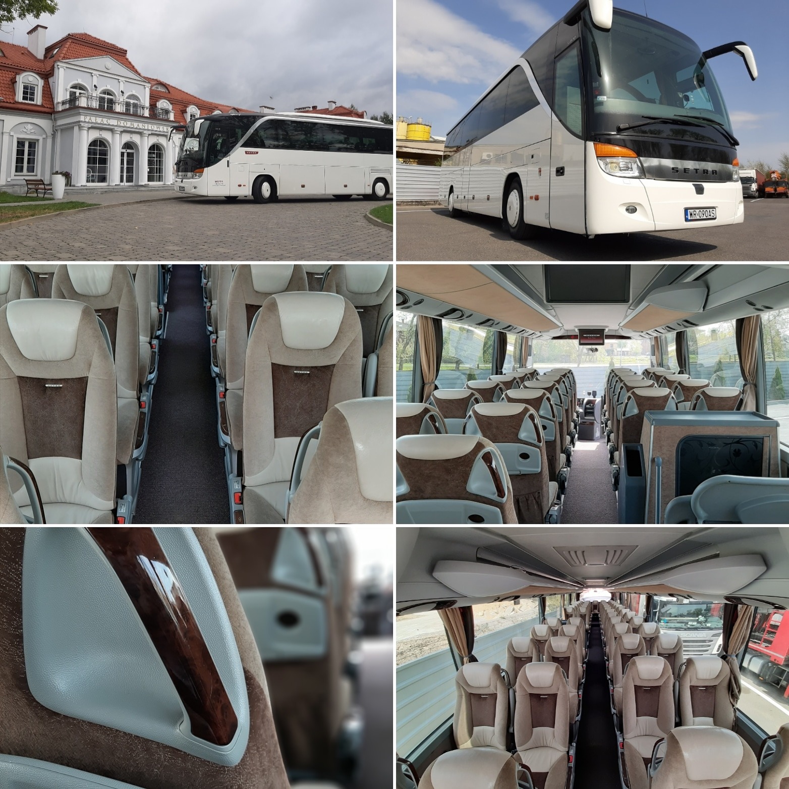 Nowoczesny autokar turystyczny Setra: widok z zewnątrz na tle Pałacu Domaniewskiego oraz wnętrze z beżowo-brązowymi fotelami i drewnianymi akcentami.