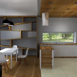 Wizualizacja nowoczesnej kuchni z drewnianym sufitem i oknem na ogród, minimalistyczna zabudowa kuchenna z drewnianymi blatami, stół z białymi krzesłami Eames w części jadalnej, asymetryczny regał...