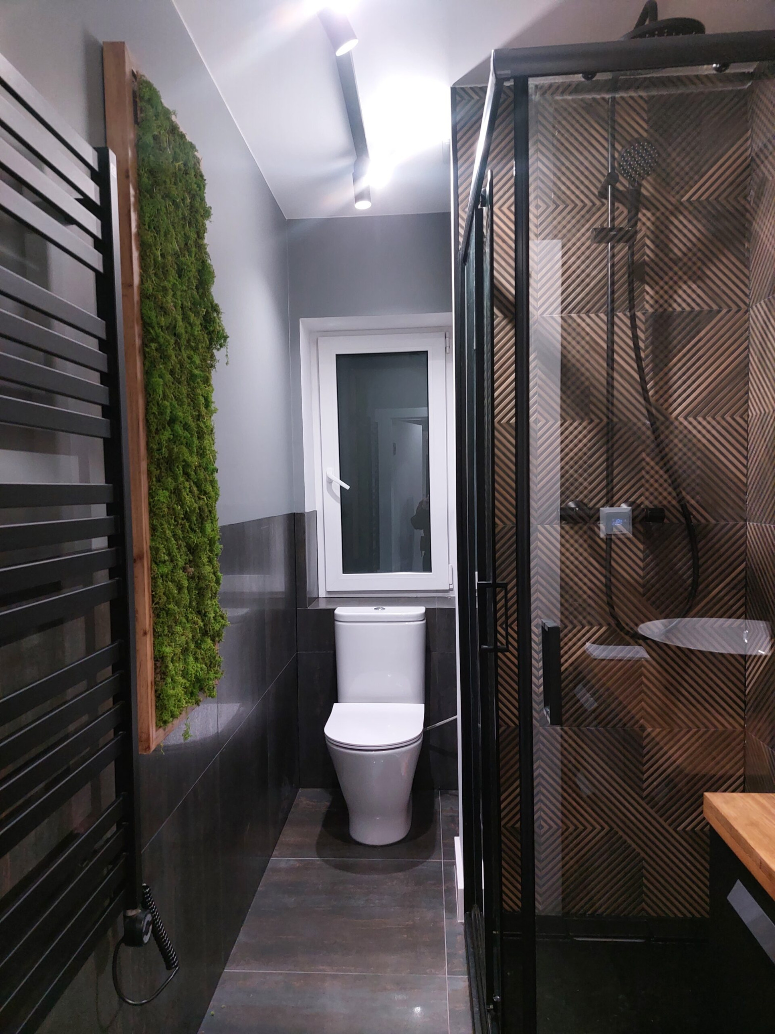 Nowoczesna łazienka z kabiną prysznicową z czarną ramą i wzorzystymi płytkami, toaleta w tle, grzejnik drabinkowy i pionowy panel z mchu na ścianie.