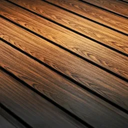 Blacha trapezowa imitująca drewno, ułożona pod kątem, z widocznym gradientem kolorów, wykonana w Kielcach.