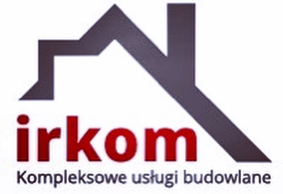 Logo firmy budowlanej Irkom z Chwaszczyna, przedstawiające stylizowany zarys domu w kolorze szarym nad czerwonym napisem 'irkom' i szarym napisem 'Kompleksowe usługi budowlane'.