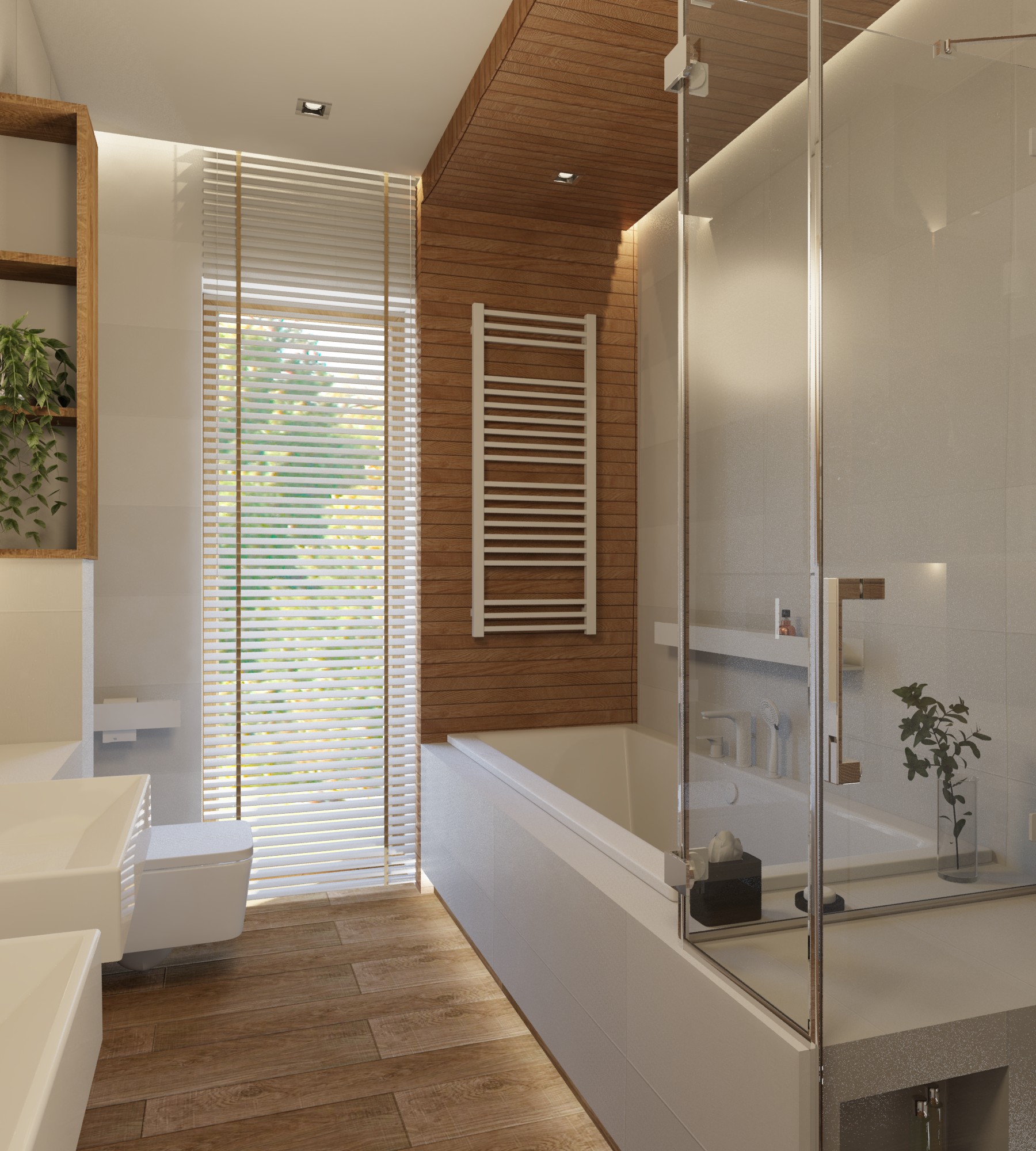 Nowoczesna łazienka z drewnianymi akcentami: panel ścienny i podłoga imitująca drewno, kabina prysznicowa ze szkła, biała wanna, grzejnik drabinkowy i rolety okienne.