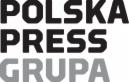 Logo Polska Press Grupa z efektem cienia, czcionka bezszeryfowa, czarne litery na białym tle.