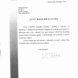 Skan listu referencyjnego od Gminy Gostyń dla firmy CALIPSO za dostawę i montaż 5 lamp solarnych CSL-815H w Sikorzynie i Goli, datowany na 18 lutego 2019.