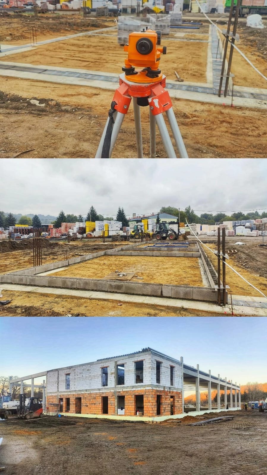 Trzy kadry z budowy: niwelator na fundamencie, fundamenty zbrojone i budynek w stanie surowym otwartym z betonu komórkowego i cegły.
