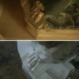 Fragment rzeźby przed i po konserwacji, ukazujący stopę postaci; górna część zdjęcia pokazuje stopę z ubytkami i złoceniami, dolna część stopę po oczyszczeniu i przygotowaniu do dalszych prac.