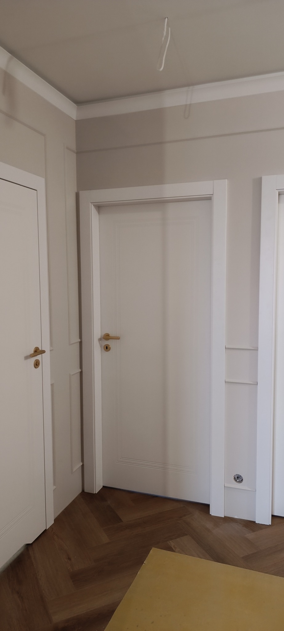 Białe drzwi wewnętrzne z złotą klamką, wkomponowane w jasne ściany z dekoracyjnymi listwami. Parkiet ułożony w jodełkę. Minimalistyczny design.